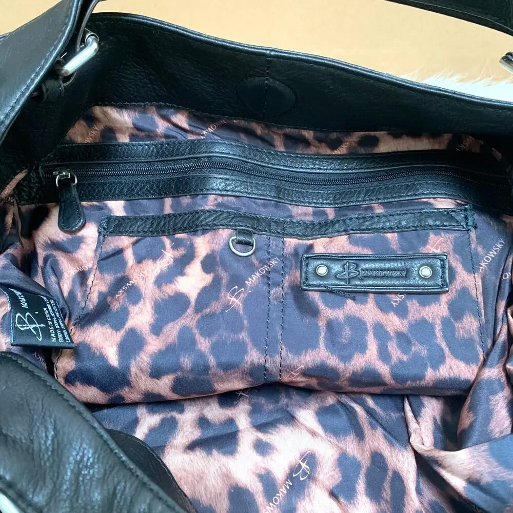 B. MAKOWSKY Extra Large Luxe Black Leather Convertible Shoulder Bag Tote
